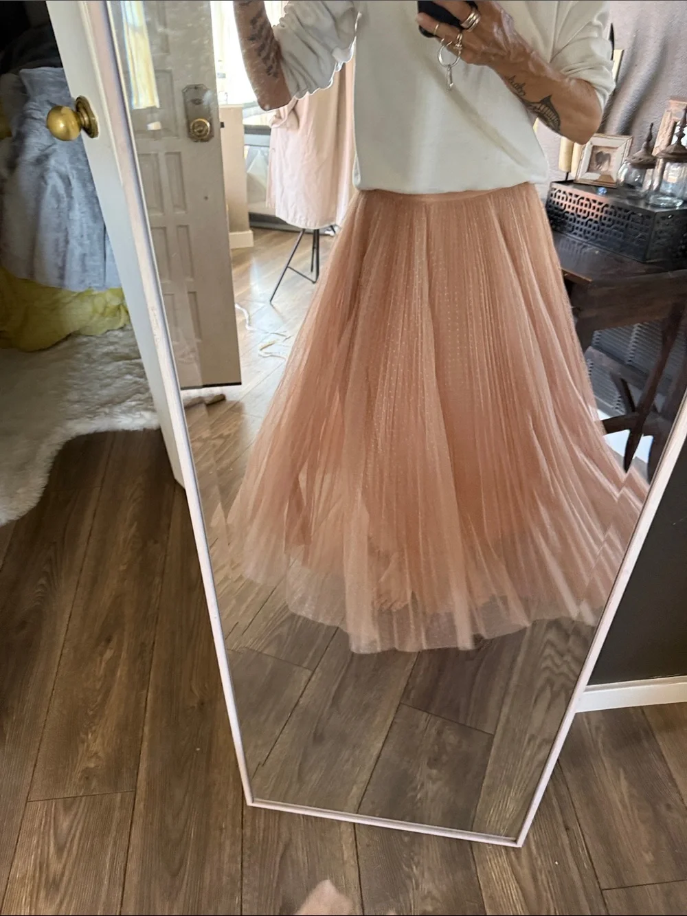 Midi Pleated Tulle Skirt in Dusty Pink